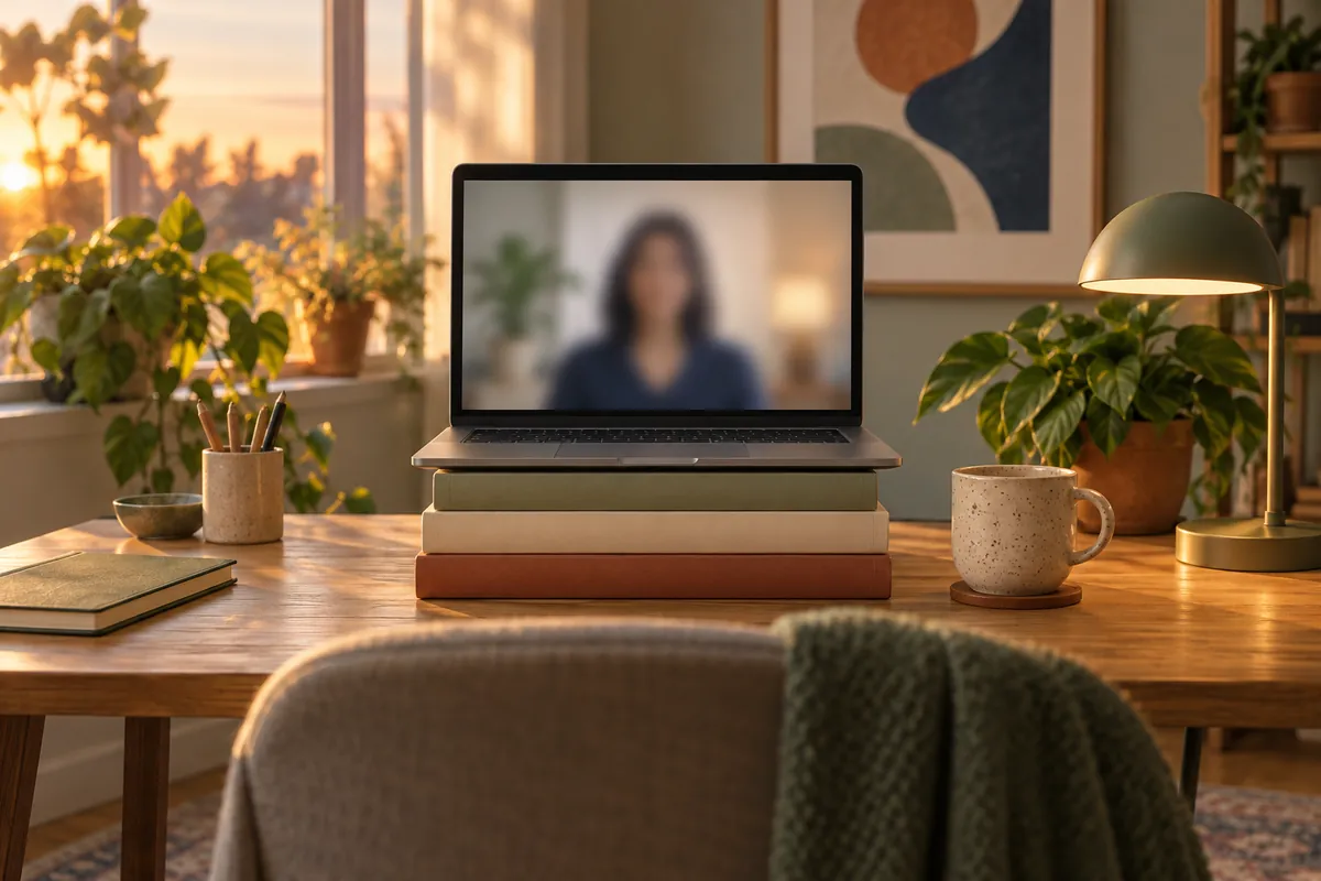 Illustrated desk with a laptop raised on a stack of books to eye level, a blurred head-and-shoulders video on screen and an empty chair