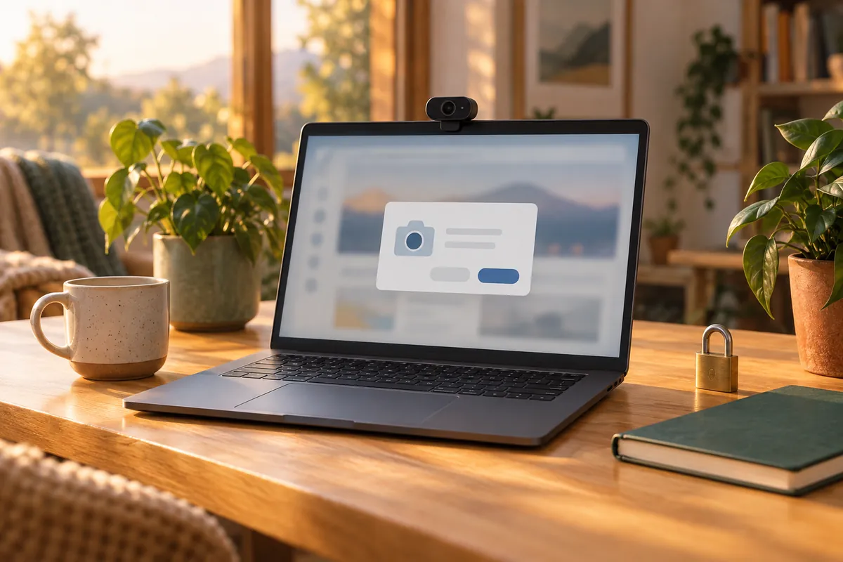 Illustrated laptop with a clip-on webcam showing a browser camera permission card, beside a small brass padlock and a notebook