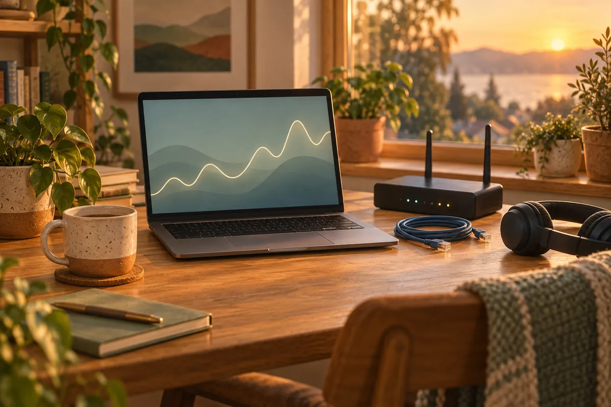Illustrated home office desk with a laptop showing an uneven line graph, a router, a coiled network cable and headphones