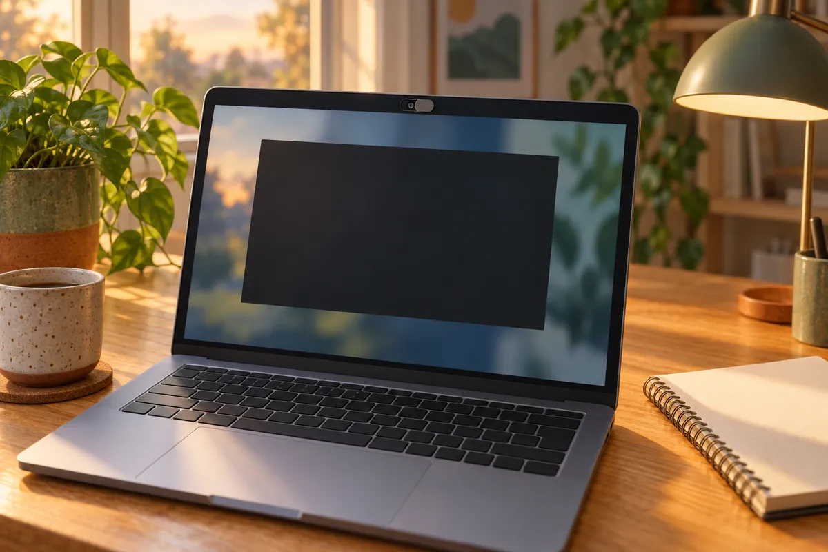 Illustrated laptop on a sunlit desk with a small privacy shutter over the webcam and a dark video preview on screen