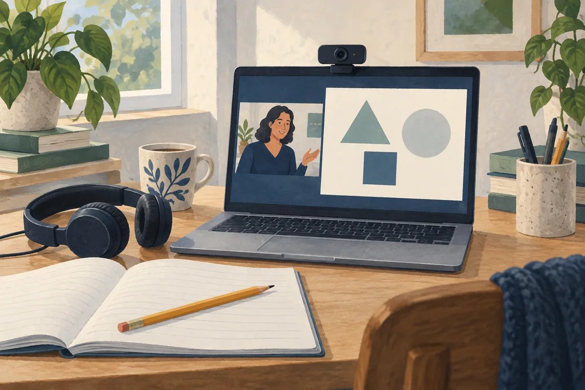 Illustrated online lesson setup with a laptop, headset and exercise notebook