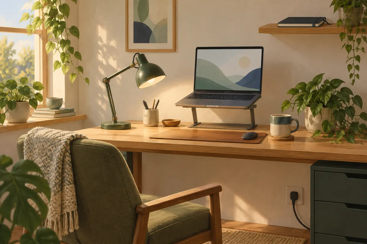 Illustrated exam desk with a laptop at eye level, a desk lamp in front and an otherwise empty desk