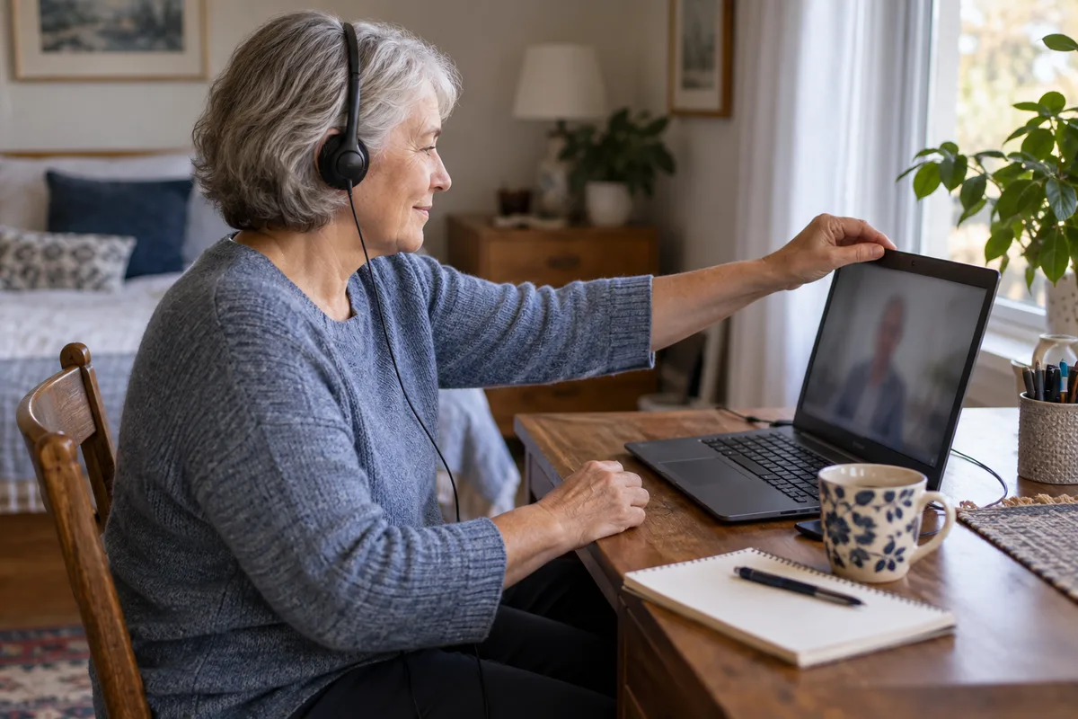 Older adult adjusting a laptop before an online appointment while wearing a wired headset at home