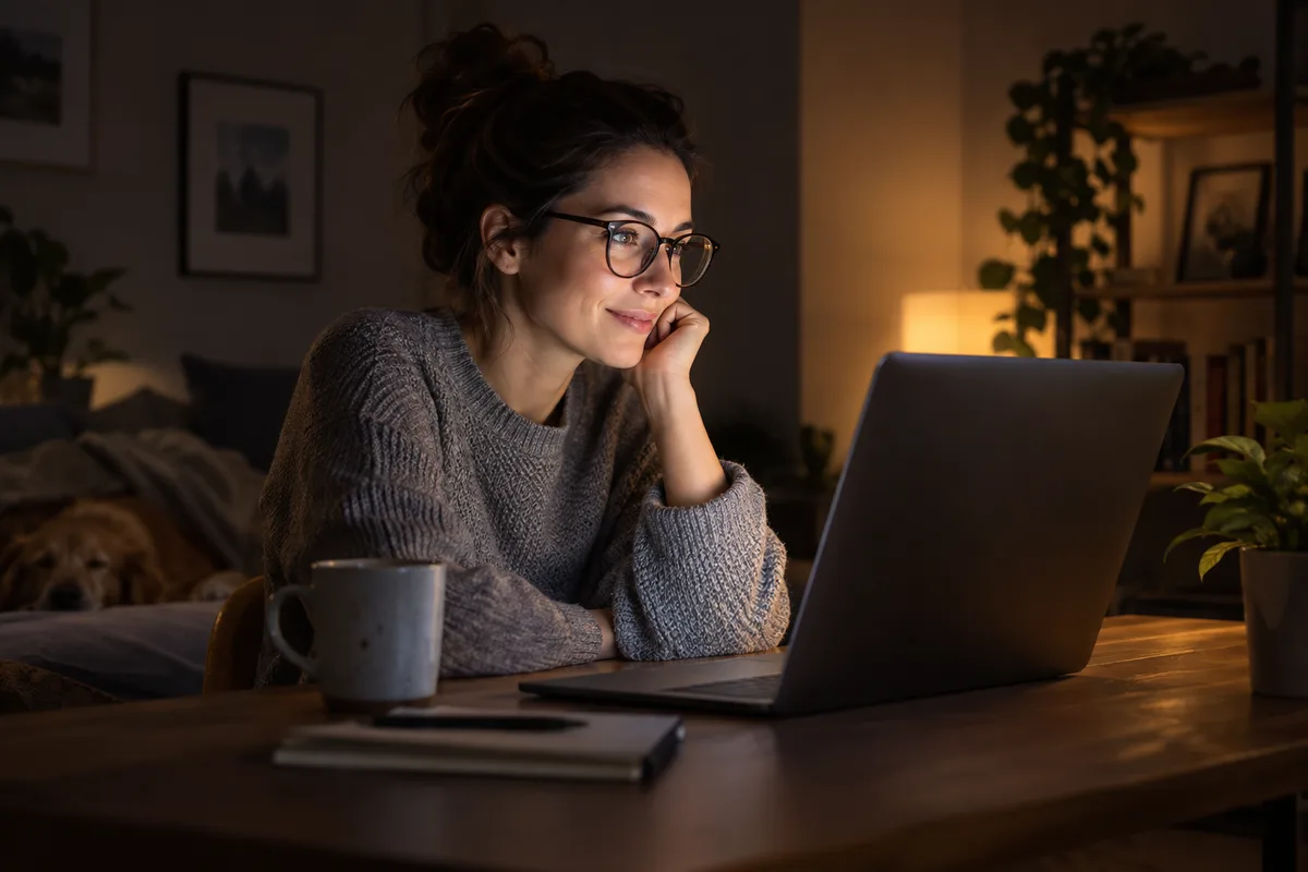 Adult at a laptop in a dim room with soft screen light illuminating their face