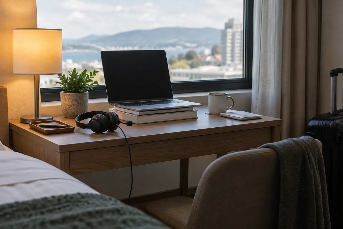 Hotel desk prepared for a video call with a wired headset