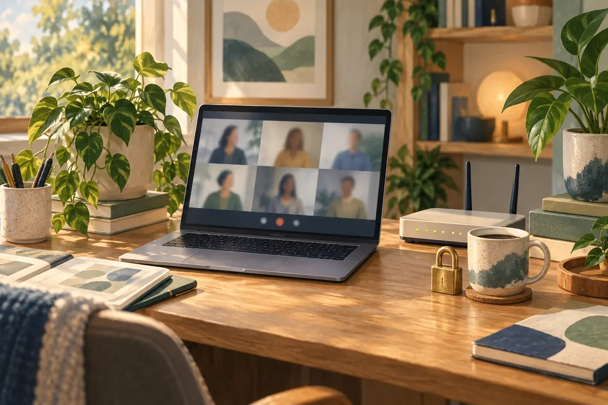 Illustrated home office desk with a laptop on a video call, a router and a small padlock-shaped object