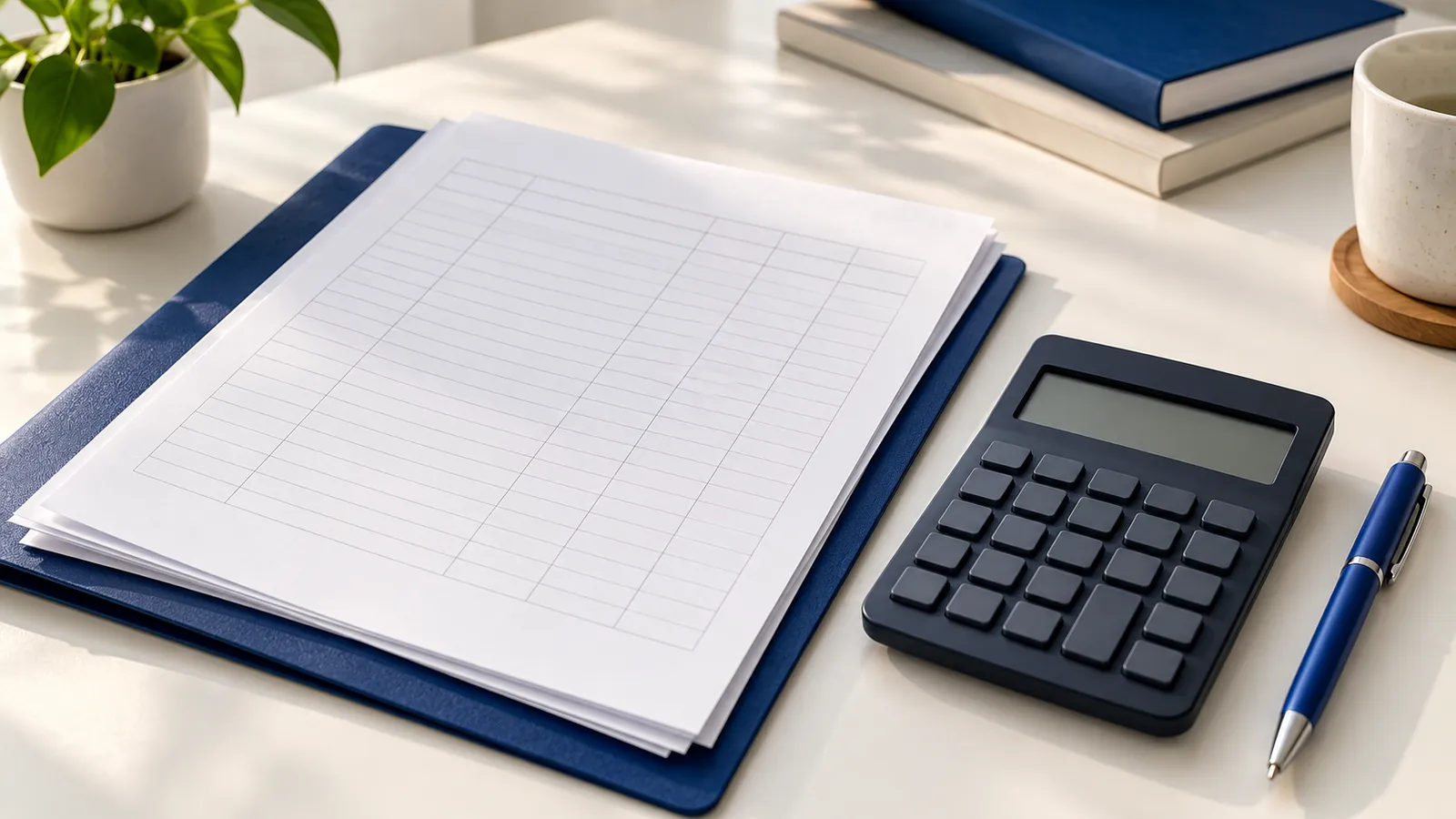 A ledger sheet on a navy folder beside a calculator and a pen.