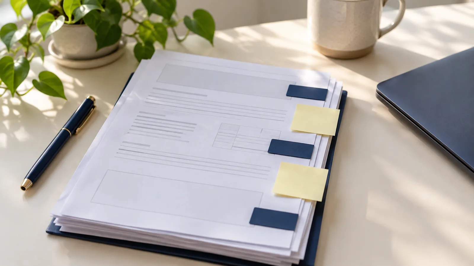A printed page on a stack, its short lines partly covered by blank navy tabs, with two blank pale yellow sticky notes on the margin, a navy pen, the edge of a laptop, a plant and a mug.