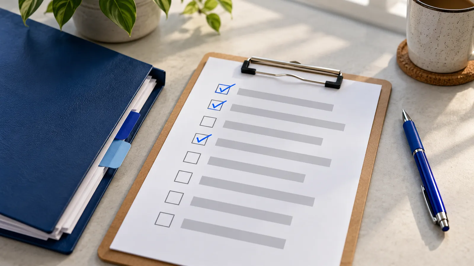 A clipboard with a checklist of boxes, some ticked, beside a navy folder.