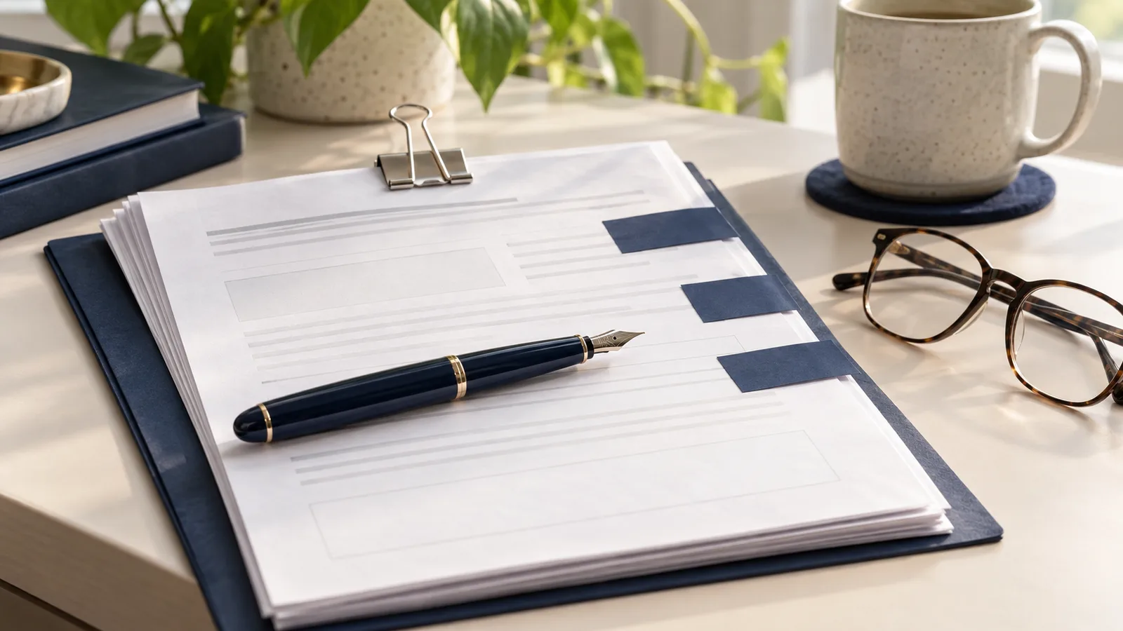 A multi-page contract held by a silver binder clip on a navy folder, a navy fountain pen across it, a few short lines covered by blank navy tabs, with reading glasses, a plant and a mug on a light desk.