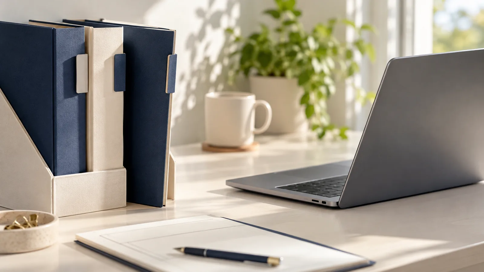 Dunkelblaue und cremefarbene Dokumentenmappen in einem Schreibtisch-Organizer, eine leicht herausgezogen, daneben ein aufgeklappter Laptop von der Seite, ein Notizblock mit dunkelblauem Stift, eine Pflanze und eine Tasse.
