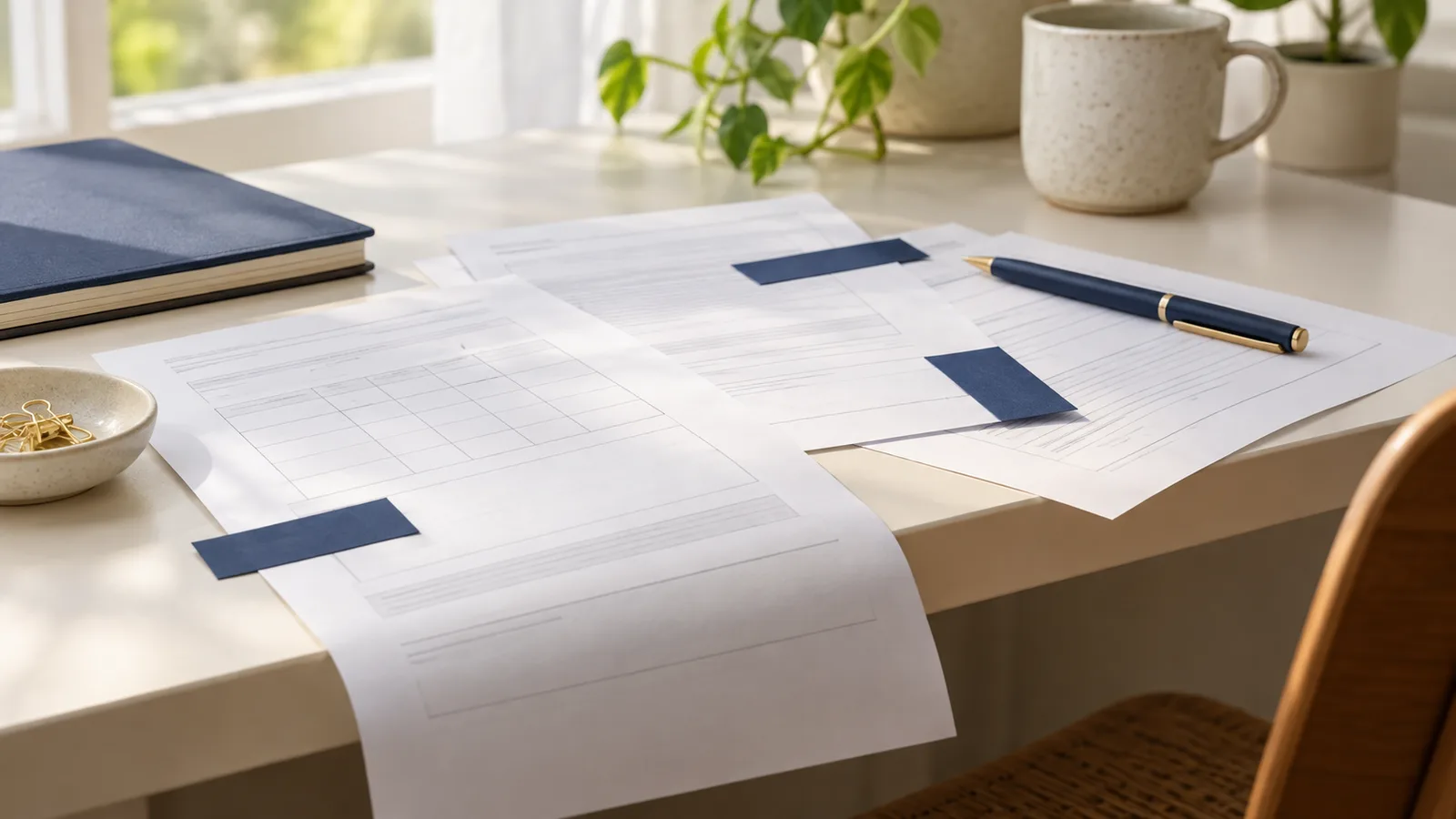 Loose printed pages with navy tabs over grey lines scattered on a cream desk, one sliding off the edge, beside a navy pen, a mug and a small plant.