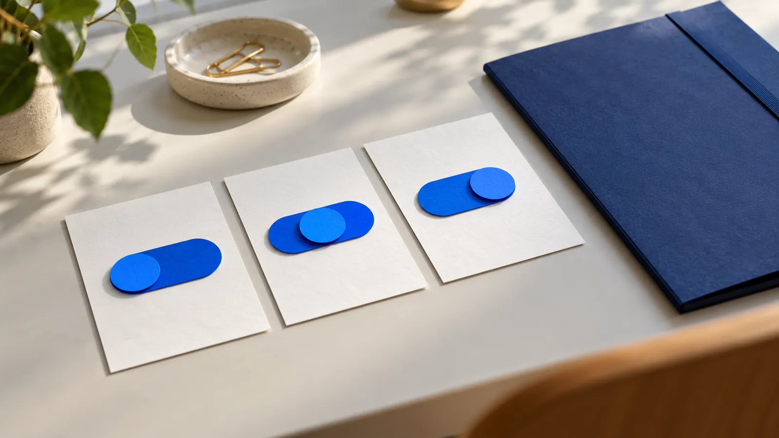 Three paper cards with blue toggle shapes next to a navy folder.