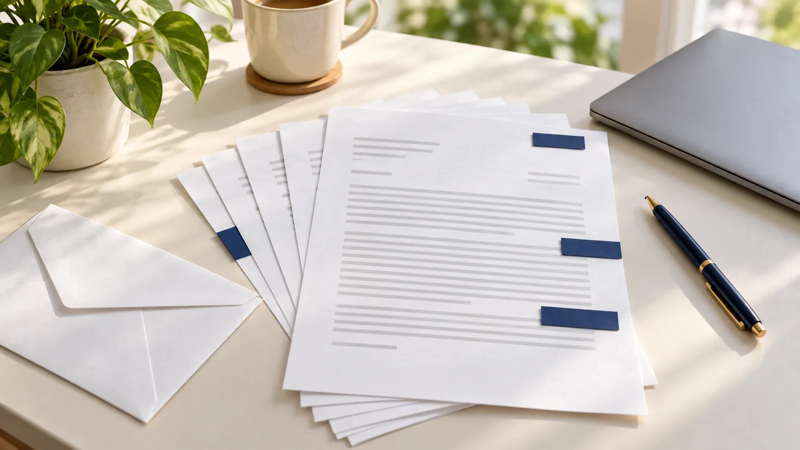 A fan of printed letters with navy tabs over short lines, beside a white envelope, a navy pen and a laptop on a light desk.