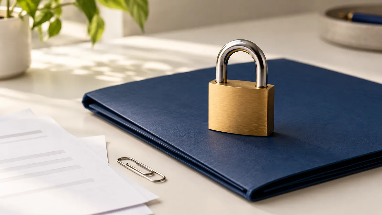 A brass padlock resting on a closed navy folder.