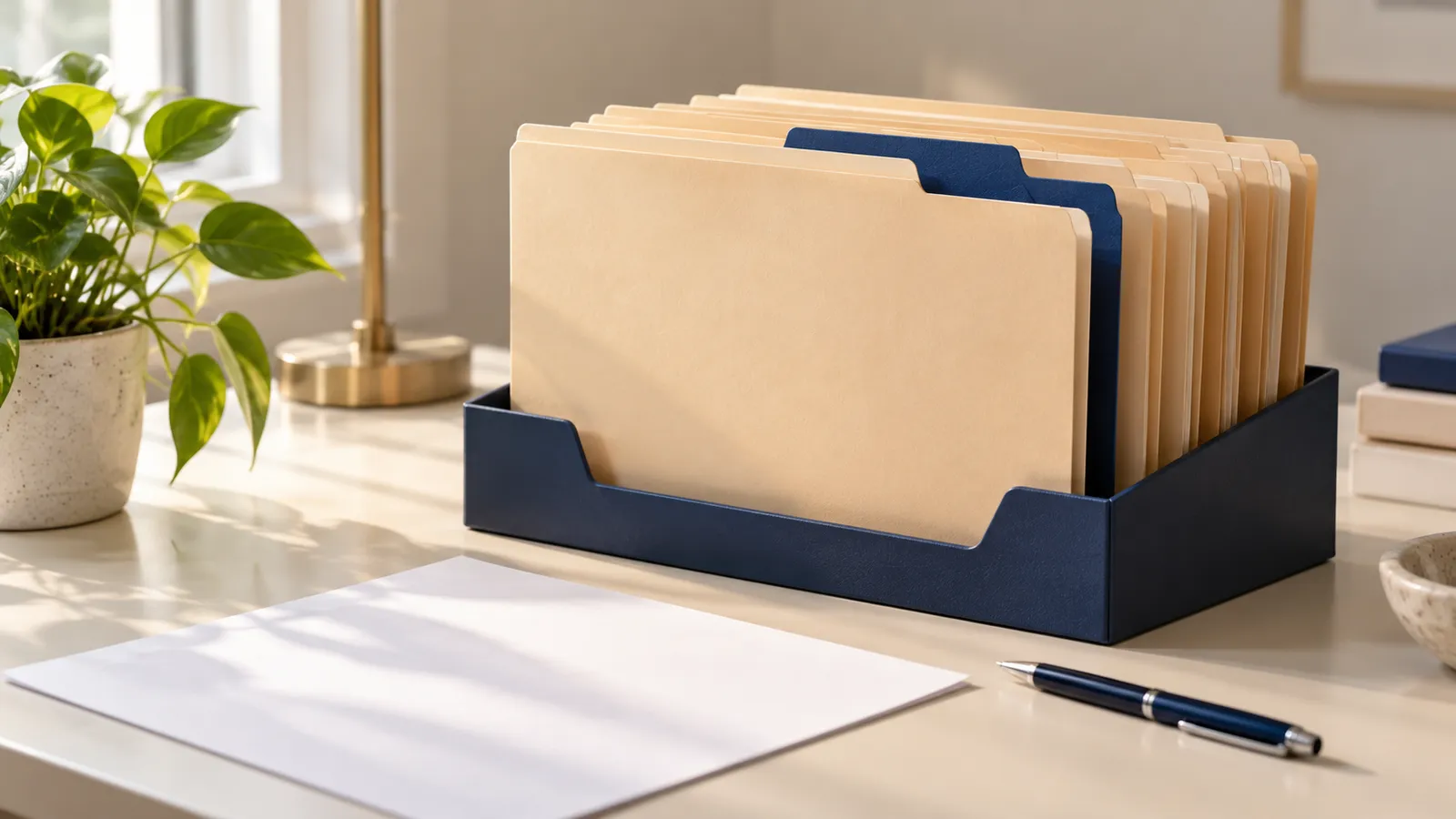 Personnel folders standing in a navy desk tray with a blank sheet and a pen.