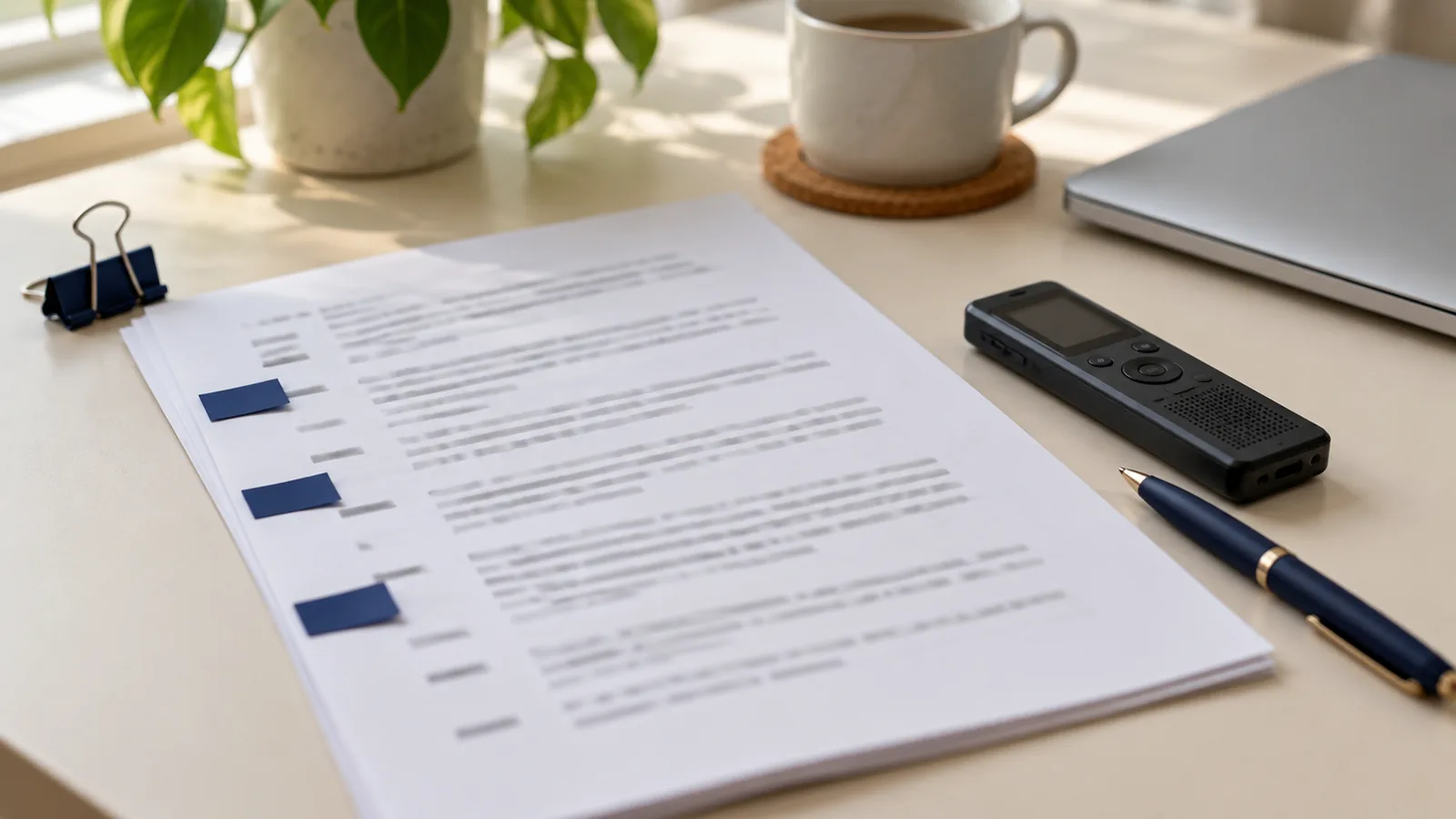 A printed transcript with names covered by navy tabs, beside a voice recorder and a pen.