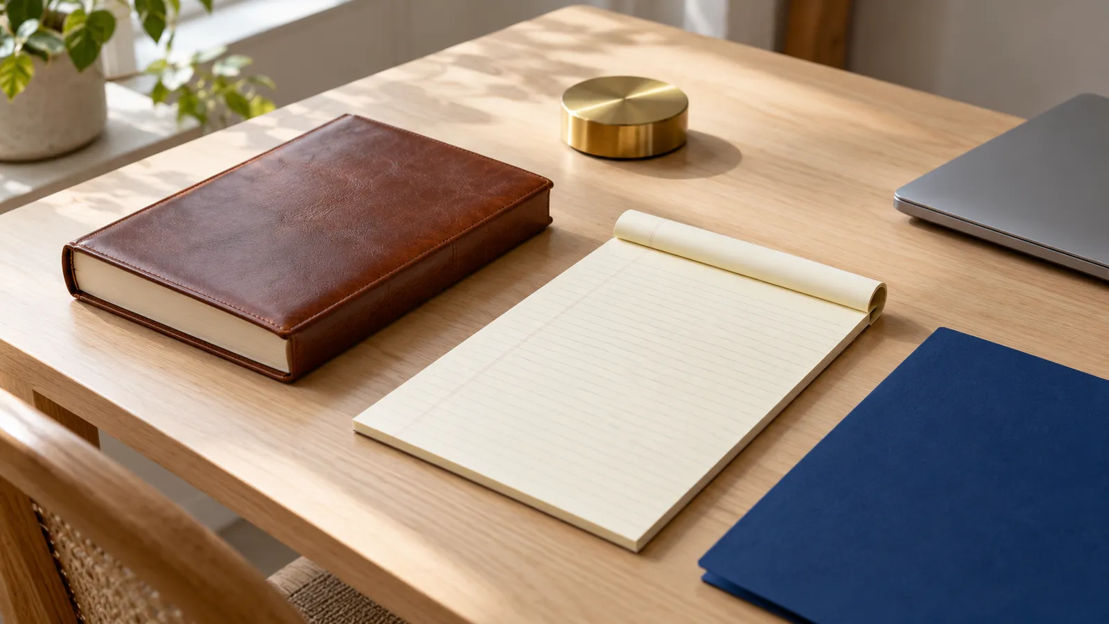 A leather-bound book, a legal pad and a navy folder on a wooden desk.