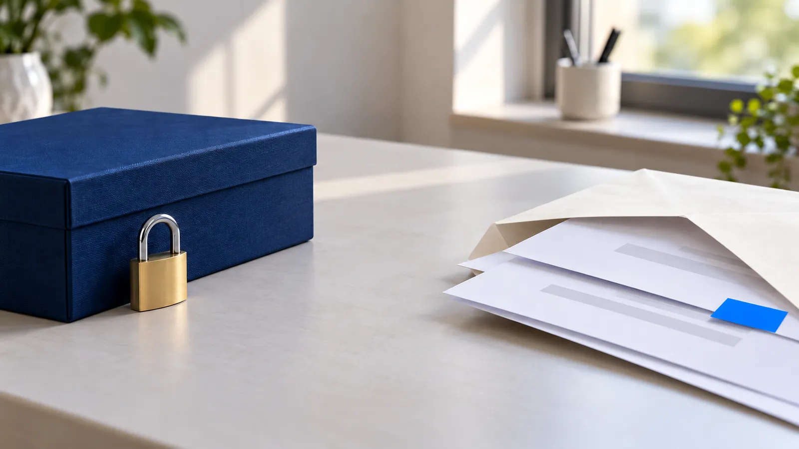 A closed navy box with a padlock on a desk and an open envelope of papers across the gap.