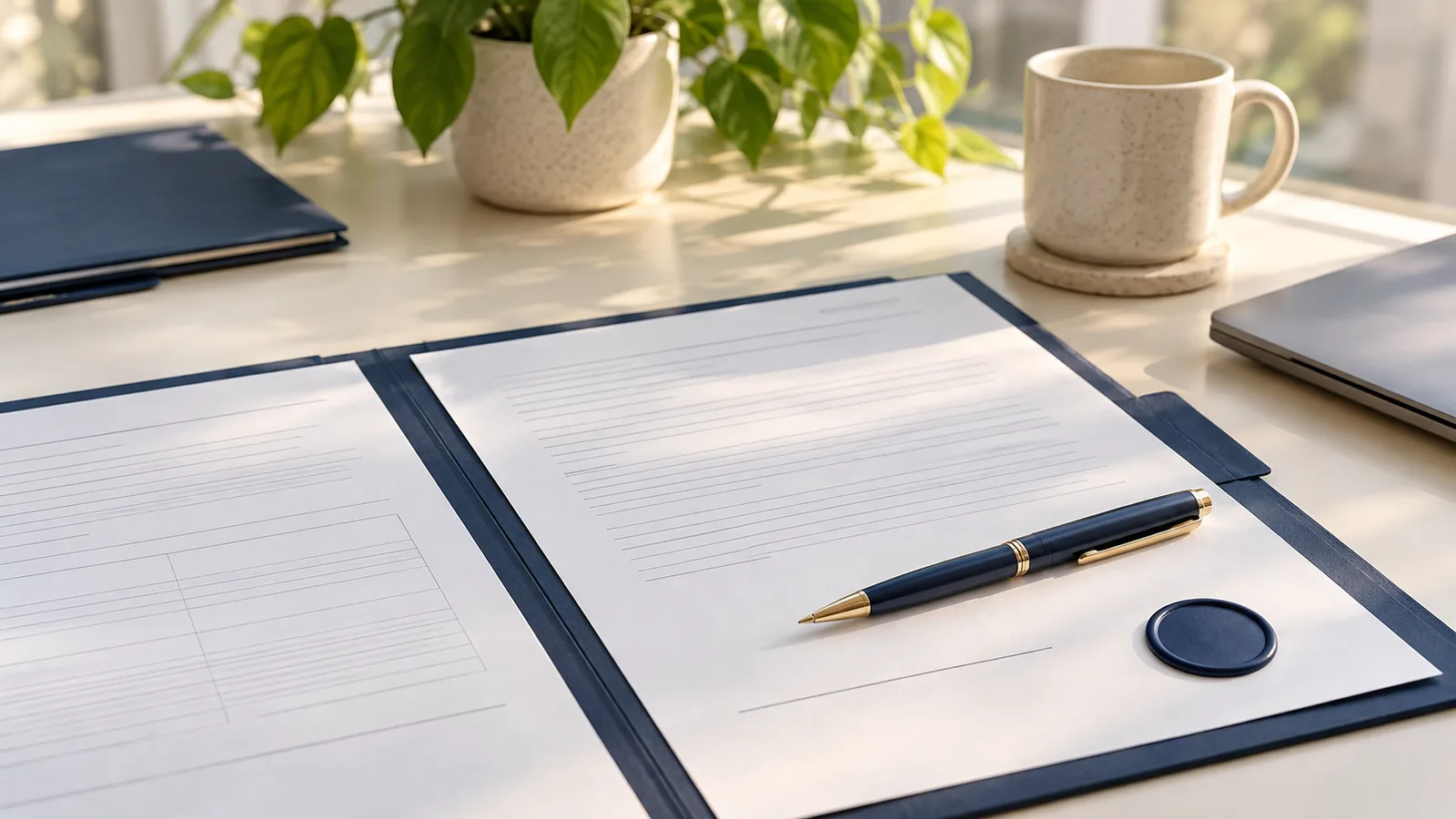 A two-page agreement in an open navy folder, a navy pen resting near an empty signature line and a small blank navy seal, beside a laptop edge, a plant and a mug on a light desk.