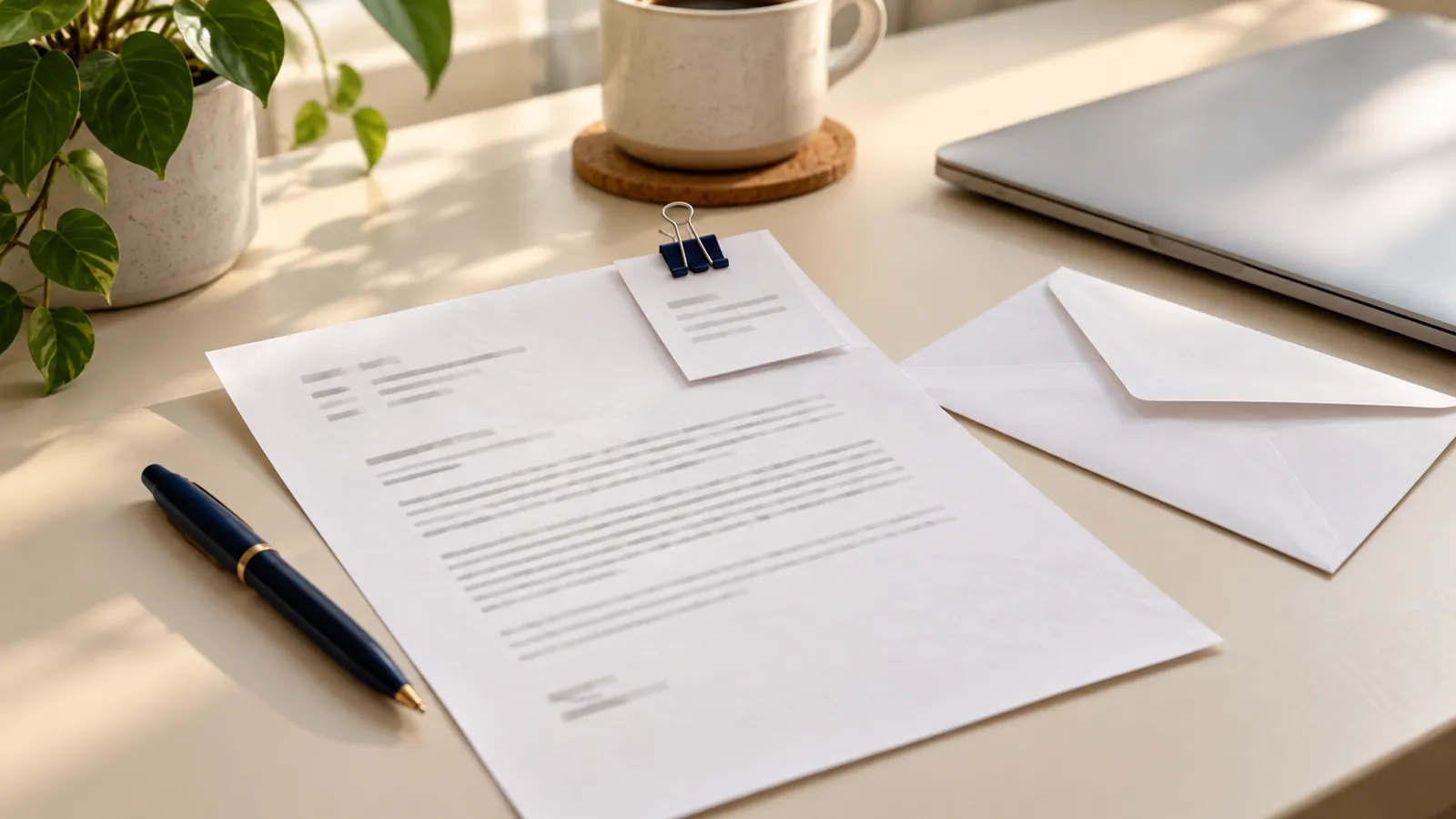Un e-mail imprimé avec une page de pièce jointe agrafée et une enveloppe sur un bureau clair.