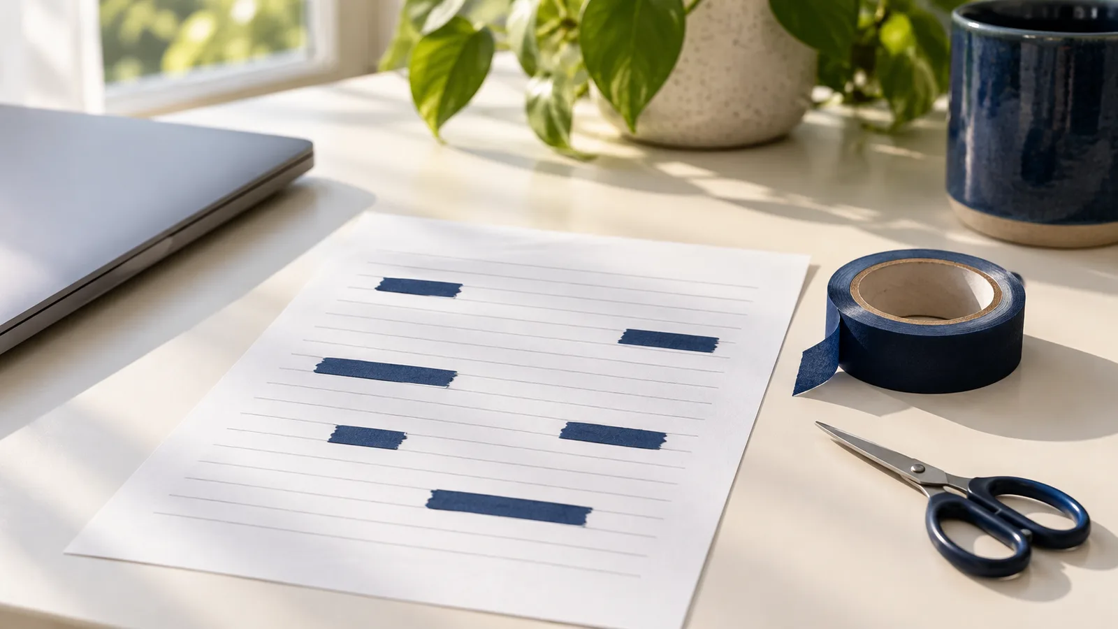 A printed sheet of grey lines with a few short segments covered by small navy tape strips, next to a roll of navy masking tape, small scissors and a laptop on a cream desk.
