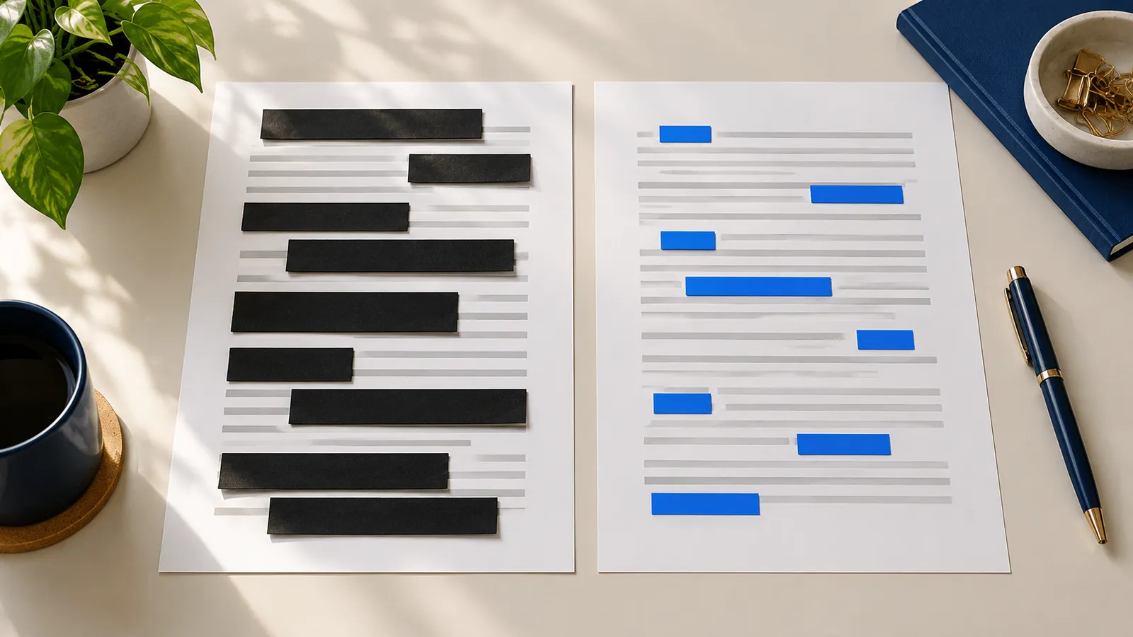 One sheet covered with black bars next to one with small blue labels.