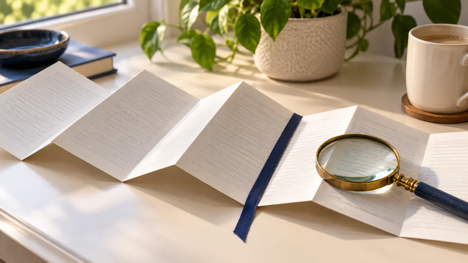 A long printed document folded like an accordion with dense grey lines, a navy bookmark ribbon and a small brass magnifying glass on it, a mug and a plant behind, on a bright cream desk.