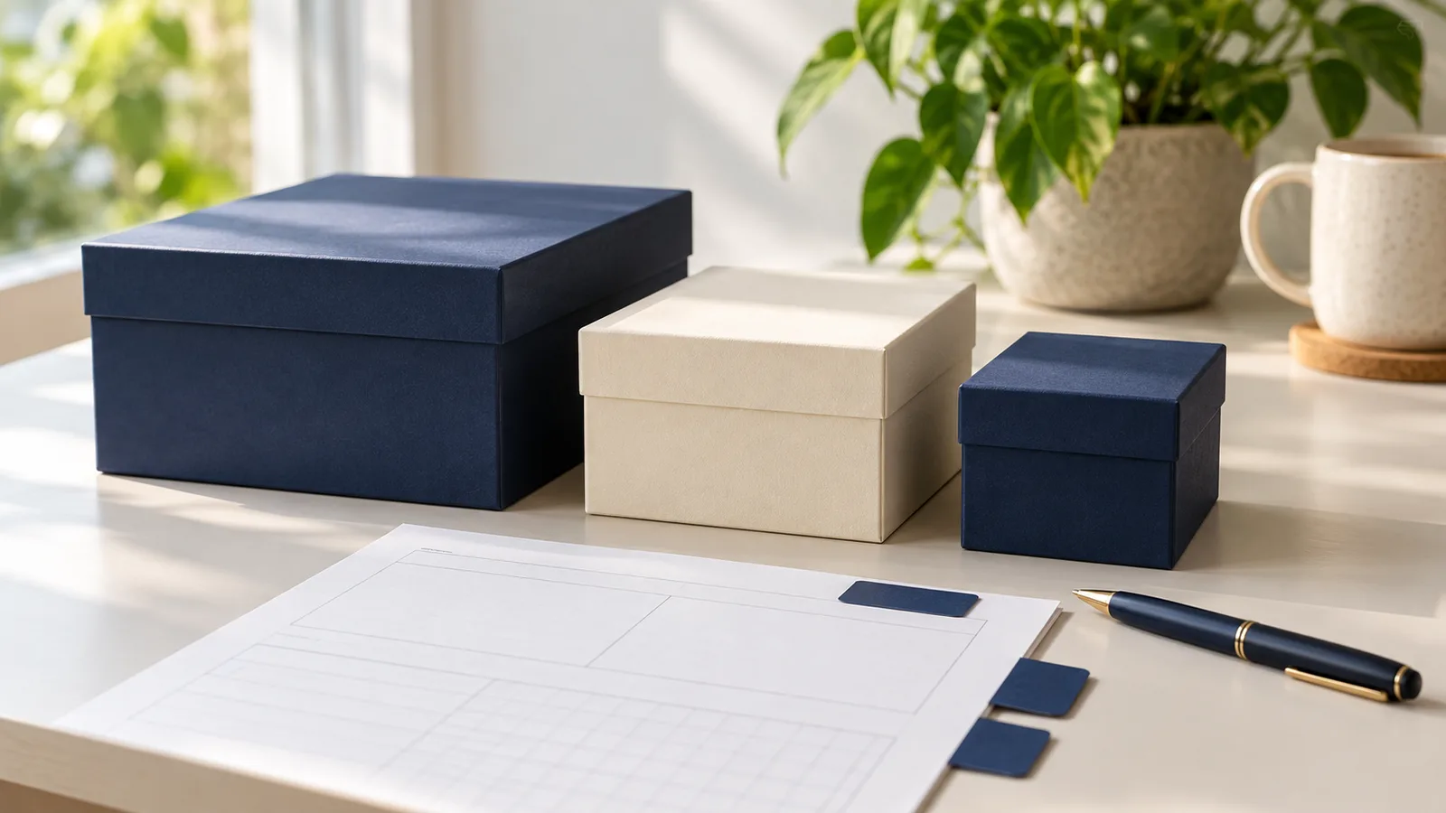 Three plain navy and cream boxes of different sizes in a row beside a page of grey lines with a few blank navy tabs, a navy pen, a small plant and a mug on a light desk.