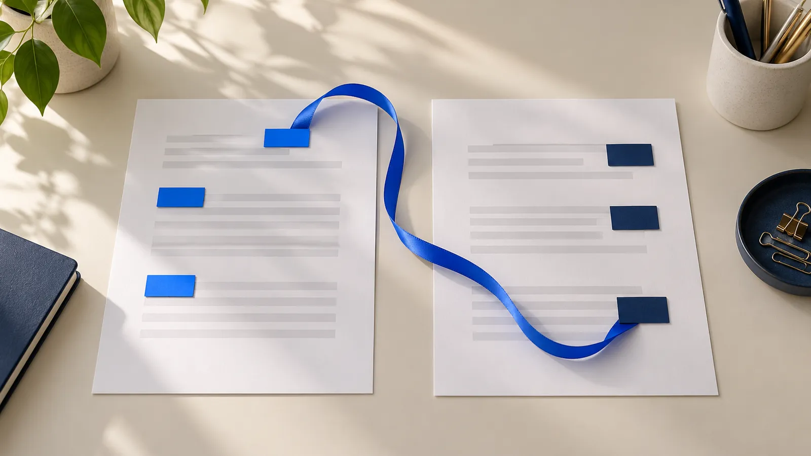 Two sheets with blue and navy tags, joined by a blue ribbon.