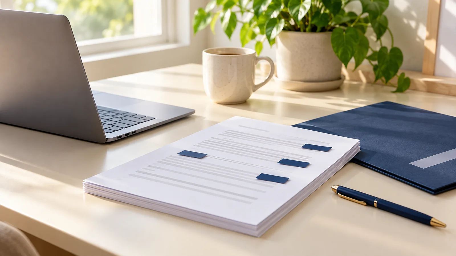 A stack of white pages with short lines covered by navy tabs, beside a navy folder, a navy pen and an open laptop on a light desk.