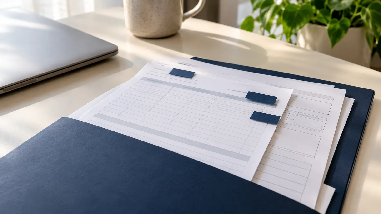 Ein kleiner Stapel Dokumente, ein Kontoauszug mit grauer Tabelle und ein Formular, halb in einer dunkelblauen Mappe, einige Zeilen mit leeren dunkelblauen Streifen abgedeckt, dazu ein dunkelblauer Stift und die Kante eines Laptops auf einem hellen cremefarbenen Schreibtisch.