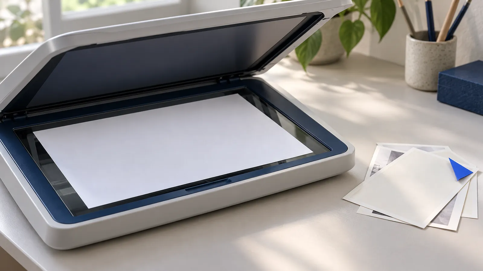 A flatbed scanner with a blank sheet on the glass and printed photos beside it.