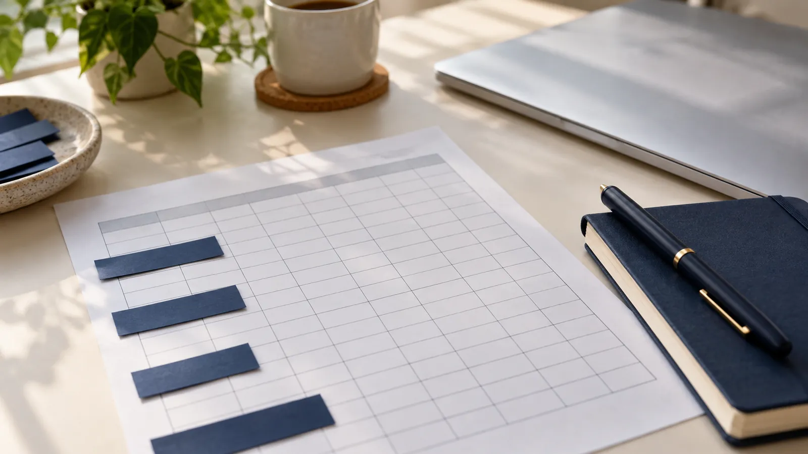 A printed spreadsheet grid with rows covered by navy tabs, beside a notebook and a pen.