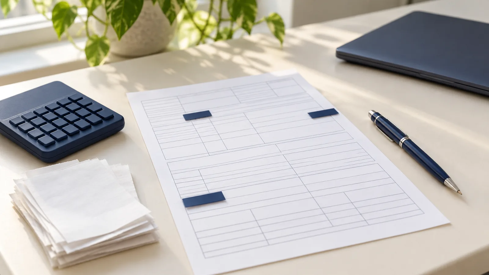 A tax form with a grey grid of boxes, a few covered by blank navy tabs, beside a calculator, a navy pen, a small stack of blank receipts and the edge of a laptop on a cream desk.