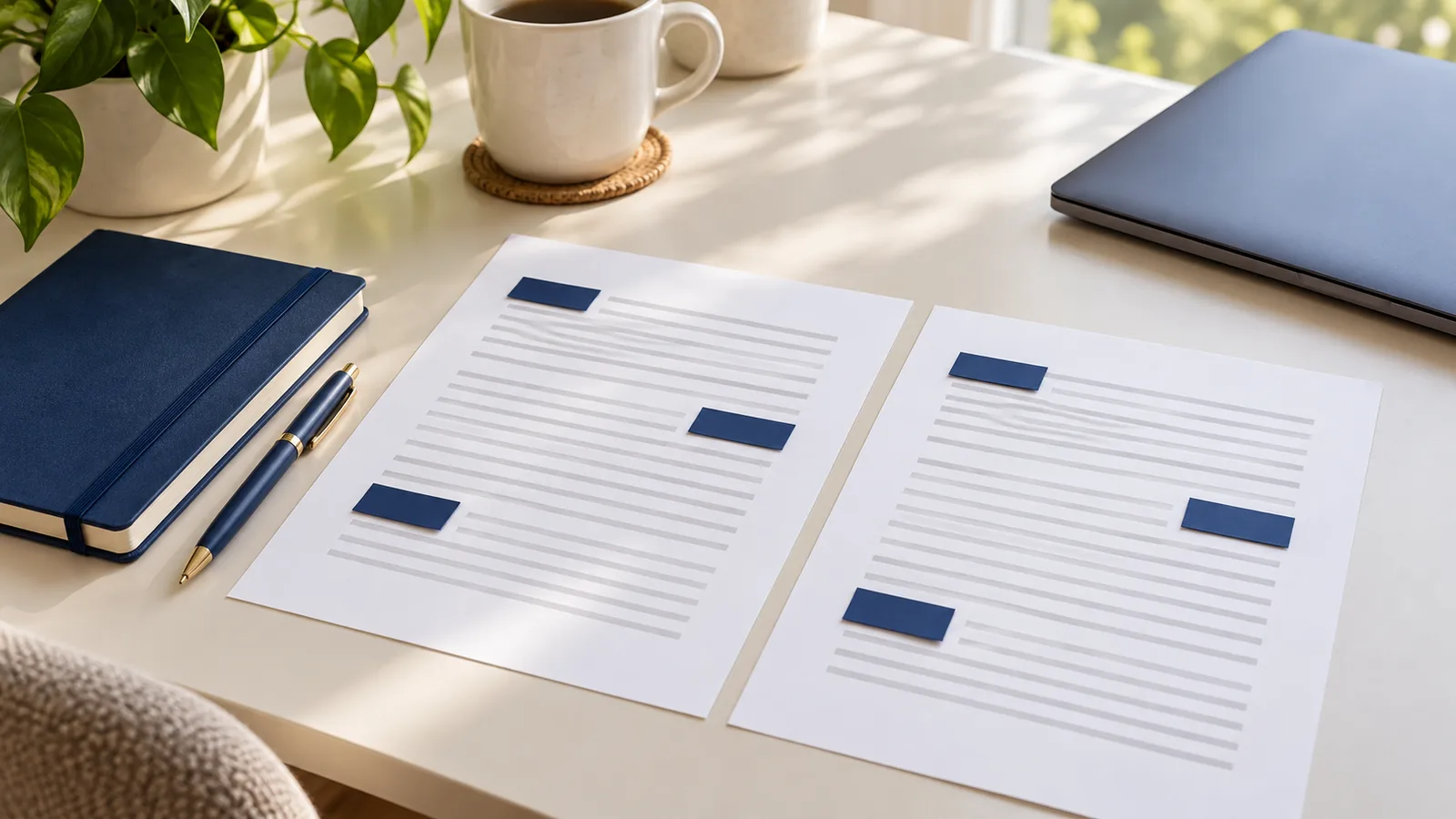 Two white pages with matching grey lines and navy tabs in the same places, beside a navy notebook and pen on a light desk.