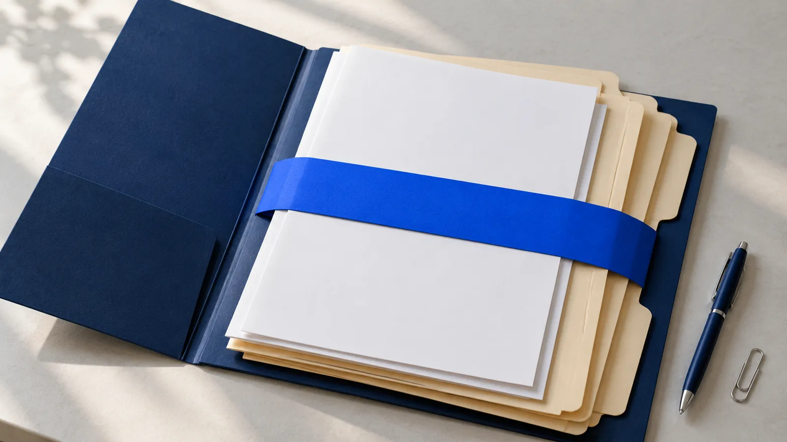 A navy case folder with documents held together by a blue band.