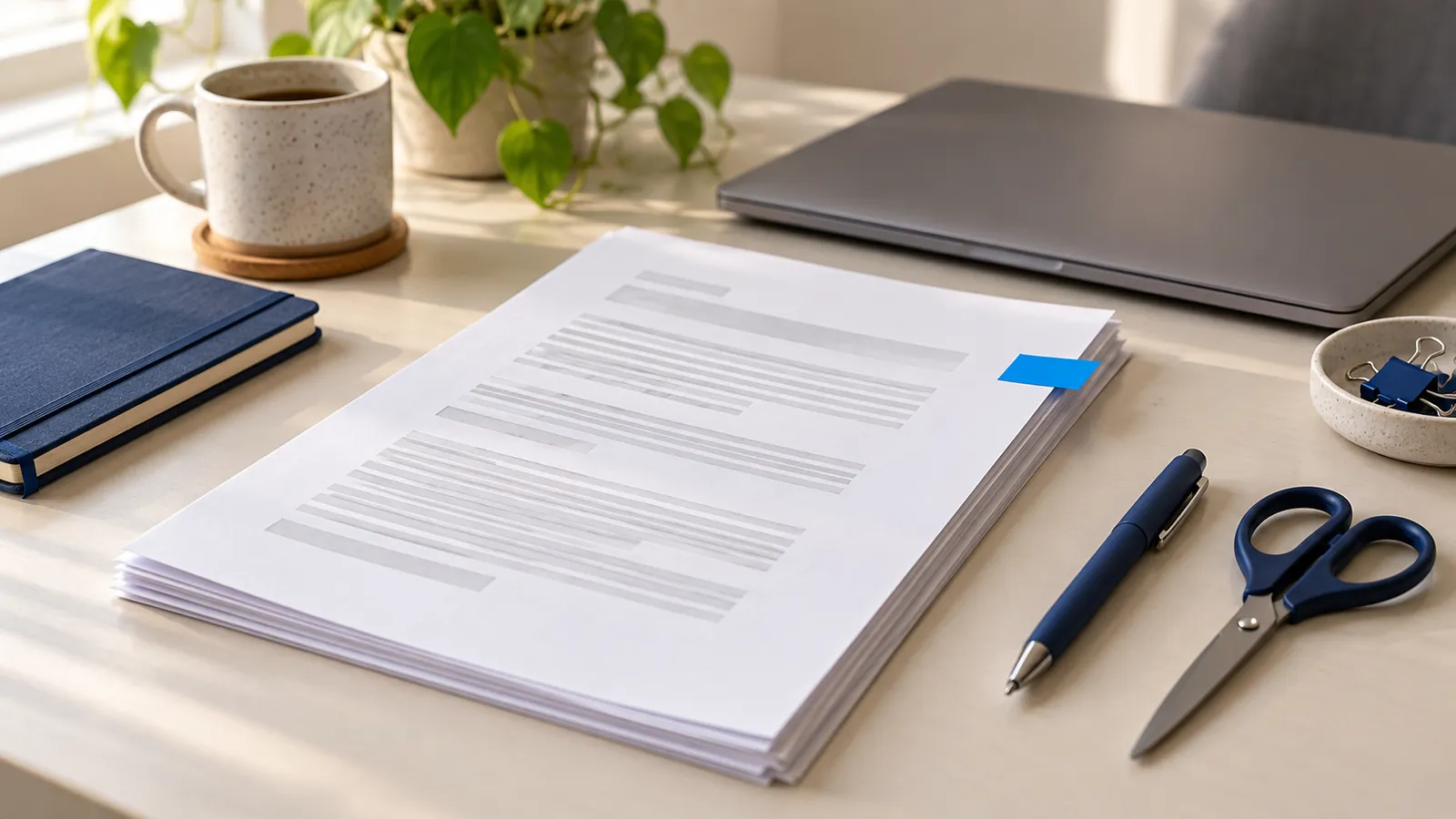A printed document with a blue tab, a pen and scissors beside a closed laptop.