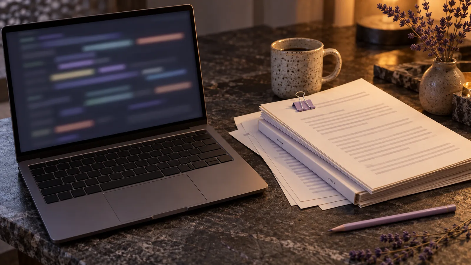 An open laptop with a blurred screen beside a stack of printed documents held by a lilac binder clip.