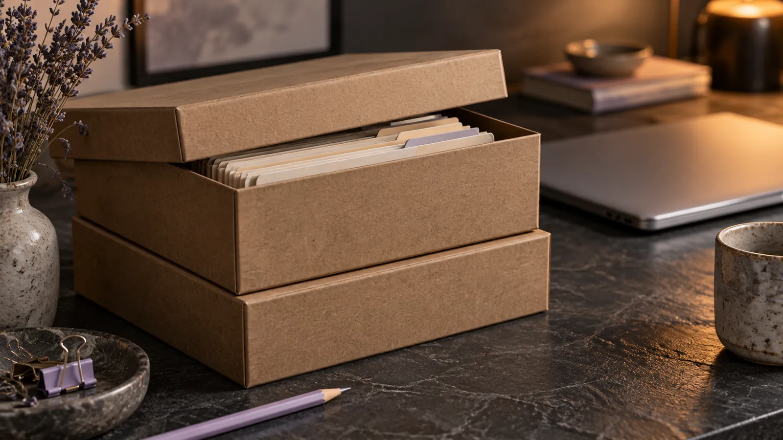 Cardboard archive boxes, one open with folders inside, beside a laptop on a dark desk.