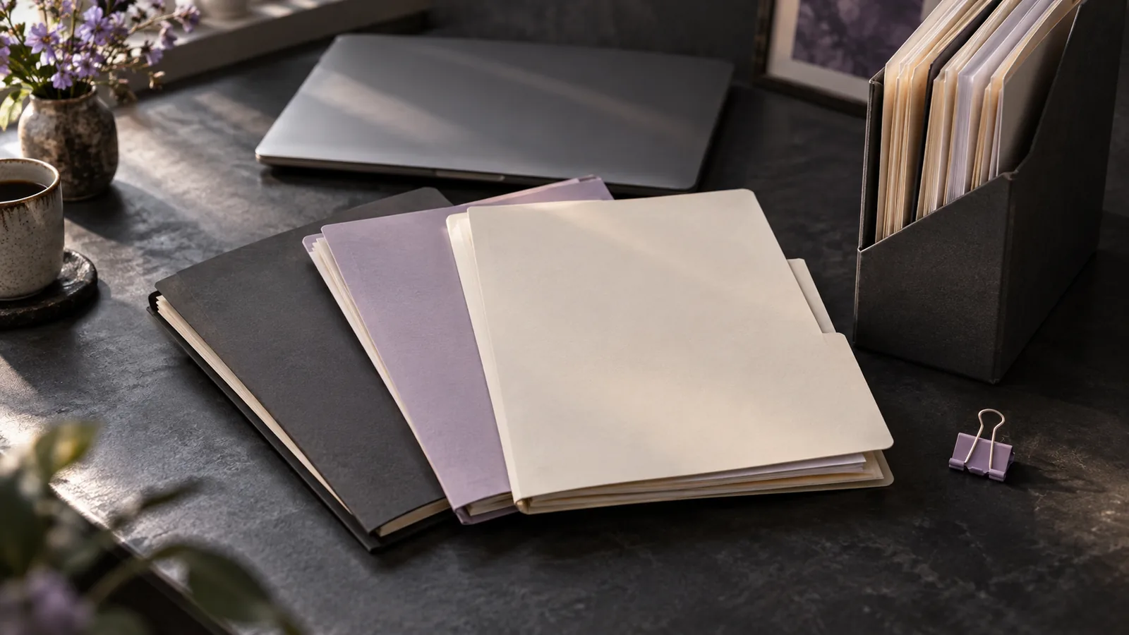 Document folders and organized paper stacks beside a closed laptop.