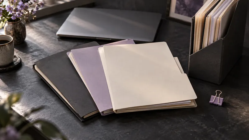 Cartelle di documenti e pile di fogli ordinate accanto a un portatile chiuso.