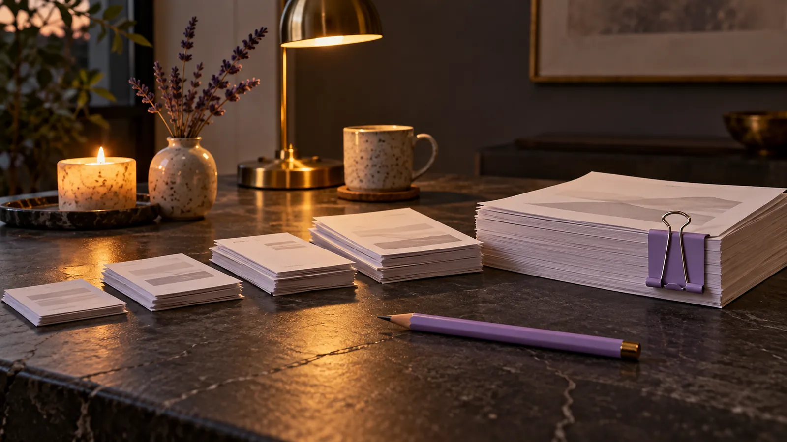 Four small stacks of paper beside one thick stack held by a lilac binder clip, with a lilac pencil in front.
