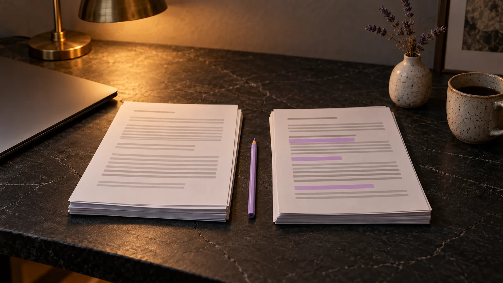 Due pile di pagine affiancate su una scrivania scura, alcune righe di quella a destra segnate in lilla, con una matita lilla tra le due.