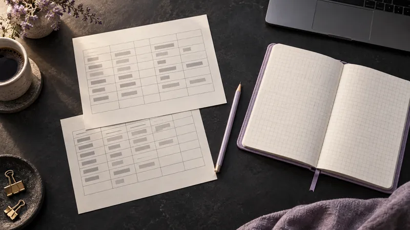 Tabelle su carta e un quaderno a quadretti accanto a un portatile.