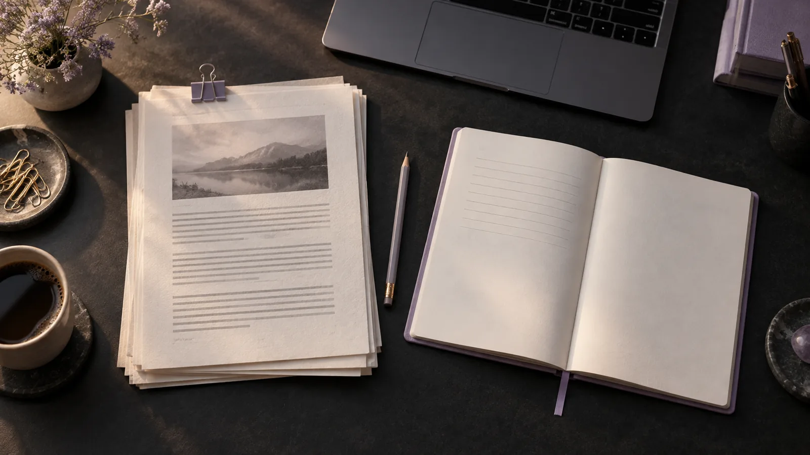 Printed pages, an open notebook and a laptop keyboard arranged on a dark desk.