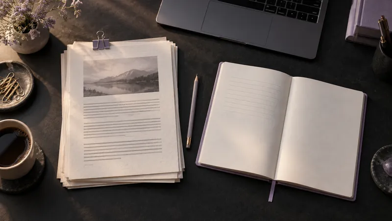 Pagine stampate, un quaderno aperto e la tastiera di un portatile disposti su una scrivania scura.