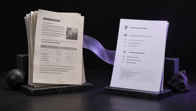Documenti stampati collegati a una pagina Markdown da un nastro viola