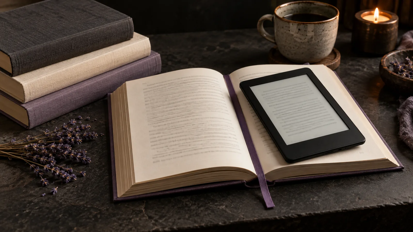 Ein E-Book-Reader auf einem aufgeschlagenen Buch neben gestapelten Büchern mit Stoffeinband.