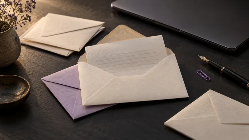 Buste di carta e una lettera piegata accanto a un portatile chiuso.